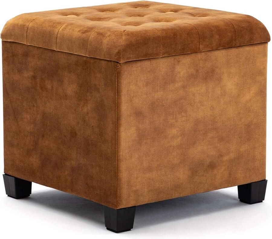 Poef opbergdoos voetensteun fluwelen kruk kubus houten frame 47 l 45 x 45 x 43 cm (mosterd wolk)