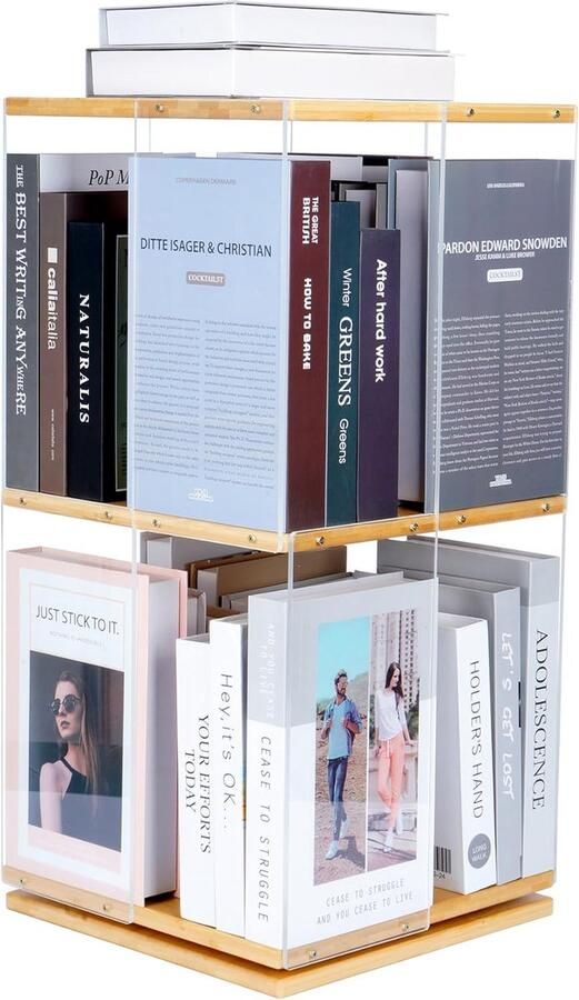 JGS Elegante Roterende Boekenkast Vrijstaand 360° Draaibaar Acryl Boekenrek Perfect voor Woonkamer Werkruimte en Kantoor
