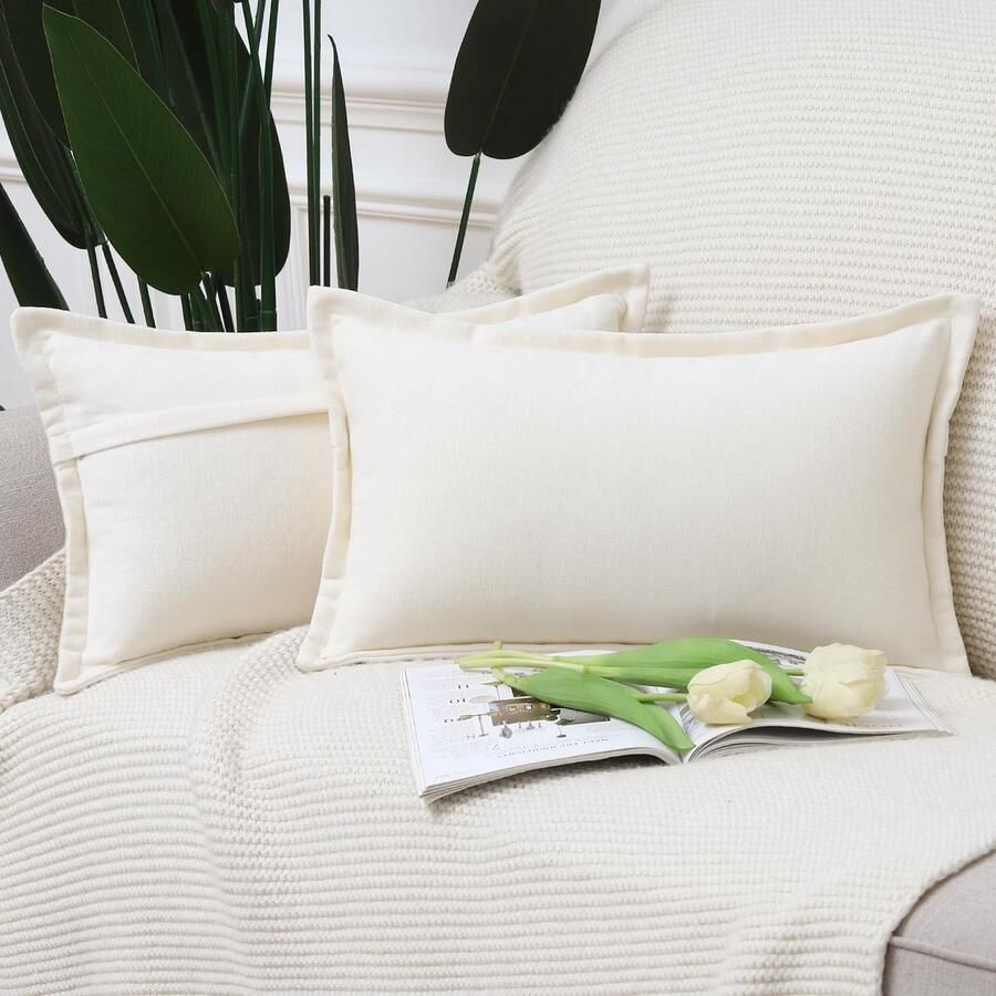 JGS Elegante Set van 2 Moderne Chenille Kussenhoezen met Franjes in Crèmewit voor Slaapkamer en Bank