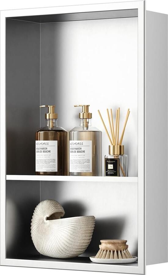 JGS Ruime RVS Wandnis Doucheopslag met Dubbele Plank voor Badkamer 45 x 30 cm