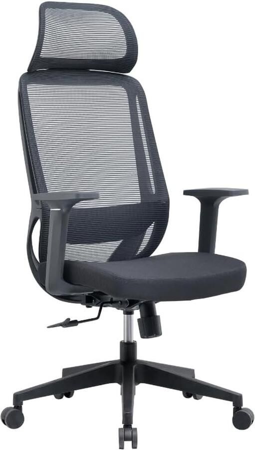 JGS Essentieel Ergonomische Bureaustoel Zwart met Netweave en Stoffen Afwerking Vaste Armleuningen Hoofdsteun Luxe en Comfort