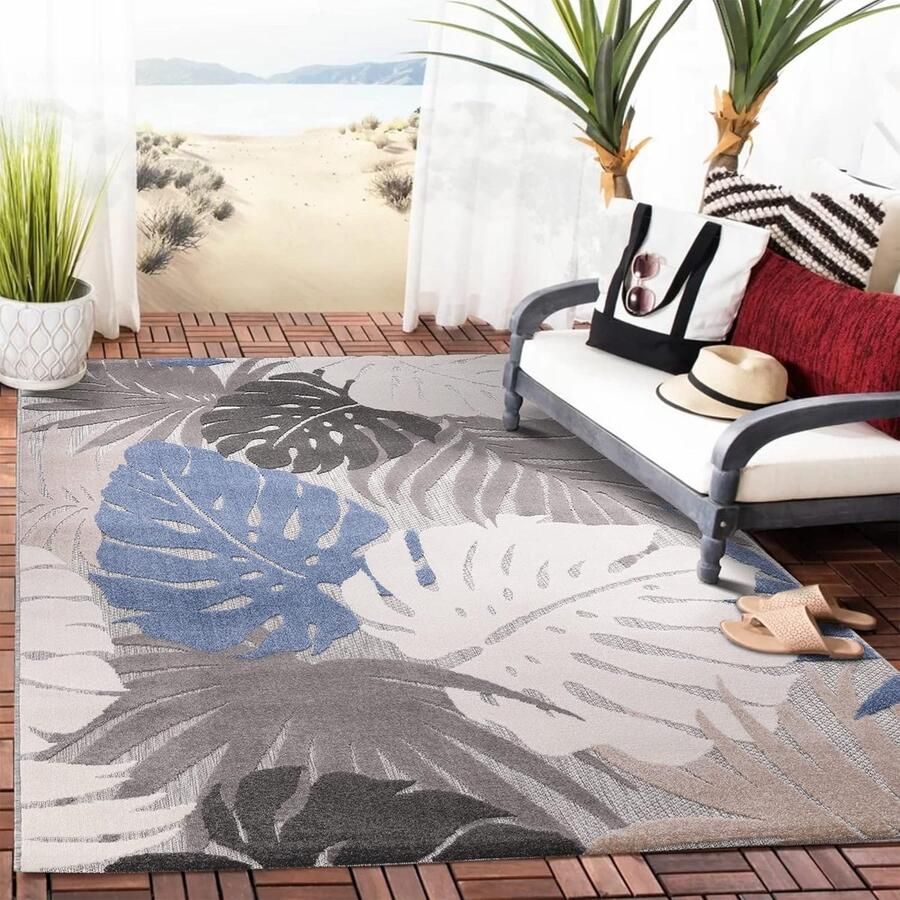 JGS Weerbestendig Boho Vloerkleed voor Buiten – Bloemendesign – UV-bestendig – Voor Tuin Balkon Badkamer – 200 x 290 cm – Beige Blauw