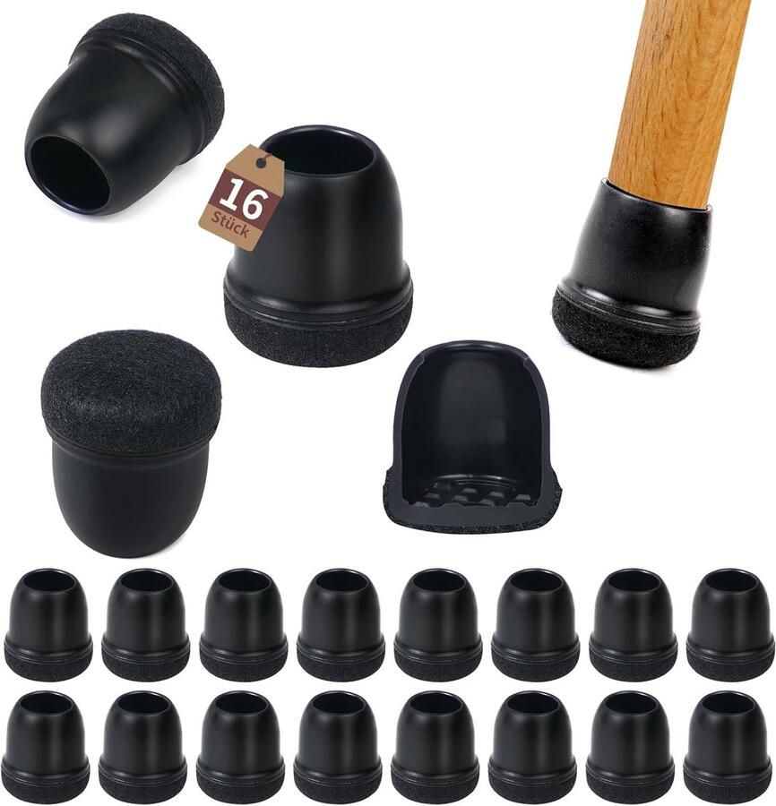 JGS Fijnzittende Stoelpoot Beschermers Set van 16 Beschermende Doppen met Viltomslag voor Stoelpoten Zwart (20 mm 25 mm)
