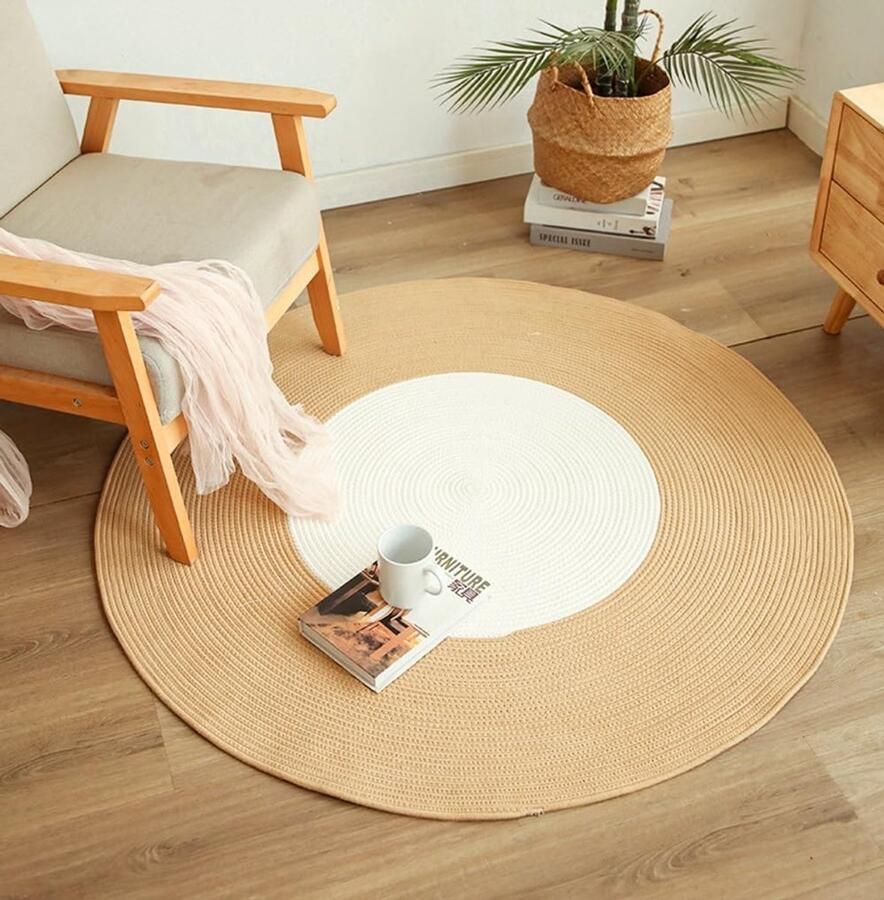 JGS Handgeweven Rond Tapijt van Hoogwaardig Katoen met Kwastjes en Retro-Design voor Elke Ruimte