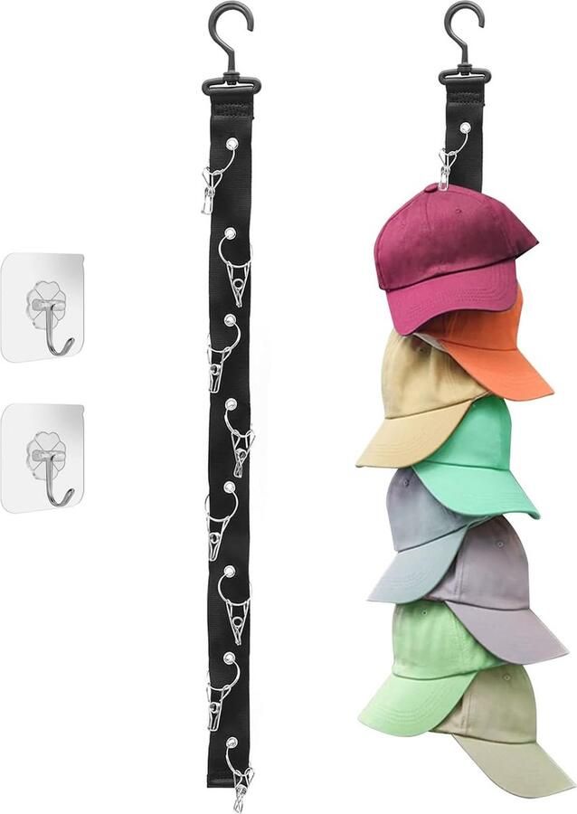JGS Handige Muurhouder voor Hoeden en Andere Accessoires met 16 Clips en Zelfklevende Haken