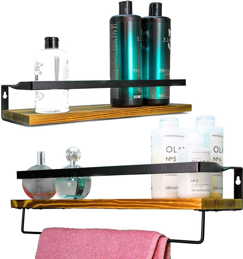 JGS Handige Set van 2 Houten Wandplanken met Handdoekhouder voor Elke Kamer in Huis