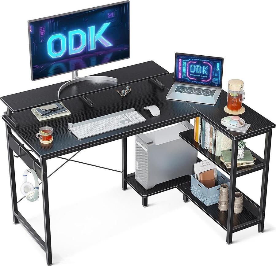 JGS Hoekbureau zwart L-vormig bureau met rek omkeerbaar gamingtafel L-vorm met lange monitorstandaard computertafel L-vorm pc-tafel kantoortafel voor thuiskantoor 120 x 80 x 88 cm