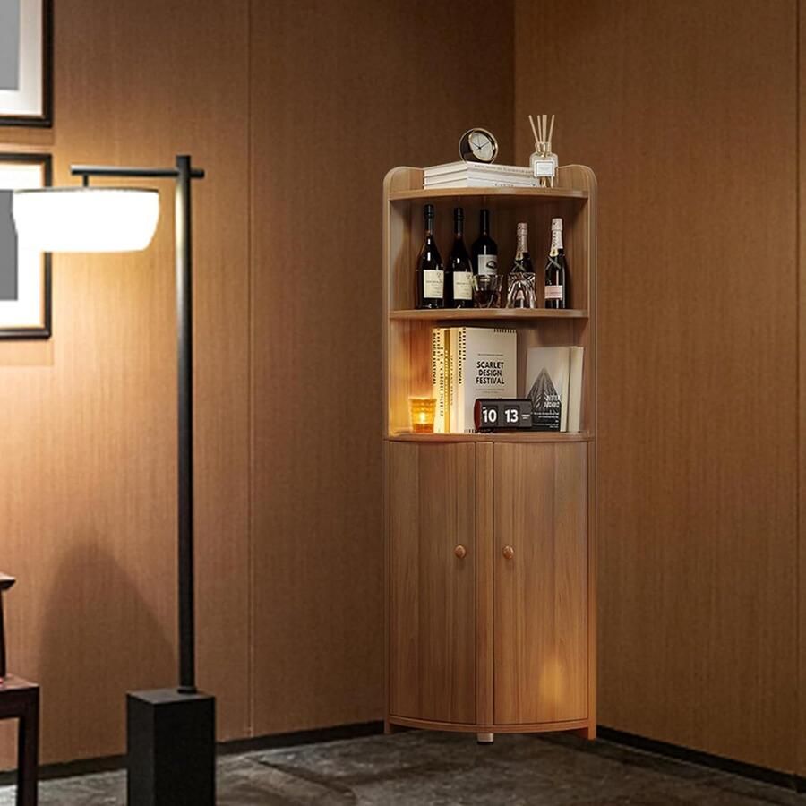 JGS Hoekkast voor Woonkamer Keuken en Studeerkamer met Wijnkast Functie Sandelhoutkleurig Vitrine Staand Hoekrek (30 x 30 x 151 cm)