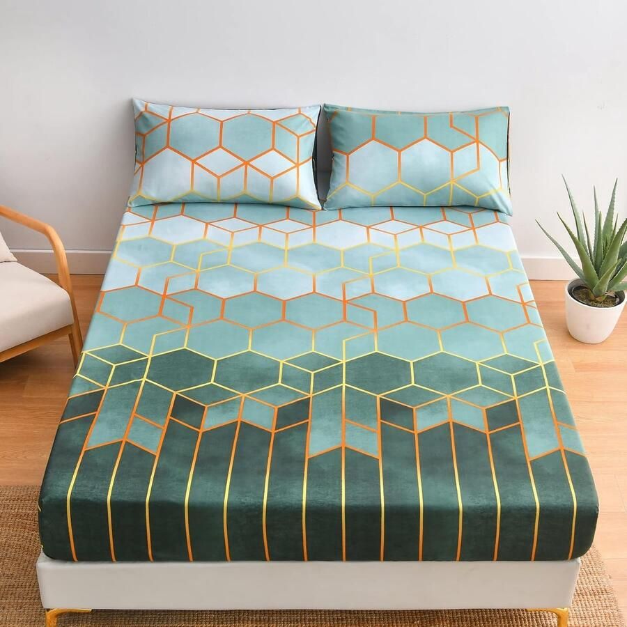 JGS Hoeslaken 140 x 200 cm groen donkergroen geometrisch patroon hoeslaken microvezel groen donkergroen geruit voor matrassen tot 25-30 cm