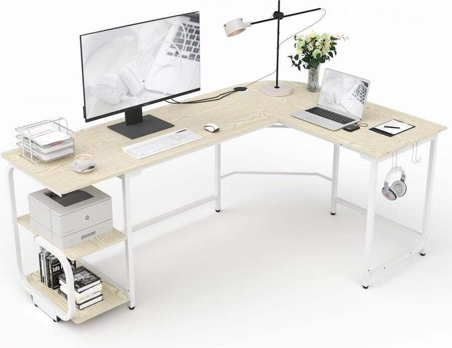 JGS Hoogwaardig L-vormig Bureau voor Thuiswerk en Gaming Beige Bureau met Praktische Opbergruimte