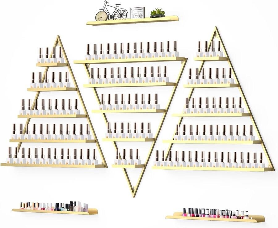 JGS Metalen wandgemonteerde nagellakopslagrekken 5-laags gouden driehoekige displayrek cosmetische displaykasten lippenstift parfum wandplank essentiële olie-organizer voor thuis spa nagel