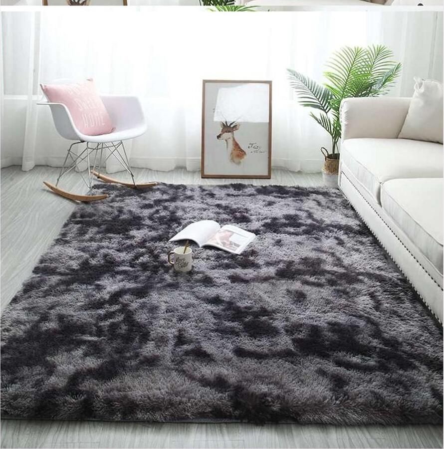 JGS Hoogwaardig Zacht en Pluizig Tapijt in Modern Design voor Woon- en Slaapkamers Veilig en Antislip (Zwart-Grijs 140 x 200 cm)