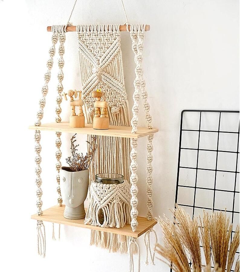 Houten wandplank macramé plank wandhanger boho decoratie handgeweven natuurlijke drijfhout wanddecoratie boho hangende plank macramé decoratieve wandplanken voor woonkamer slaapkamer