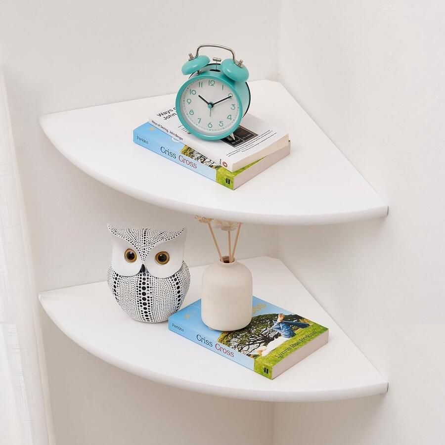 JGS Houten Wandplanken met Vintage Hoekontwerp Set van 2 Eikenhout Witte en Houten Afwerking