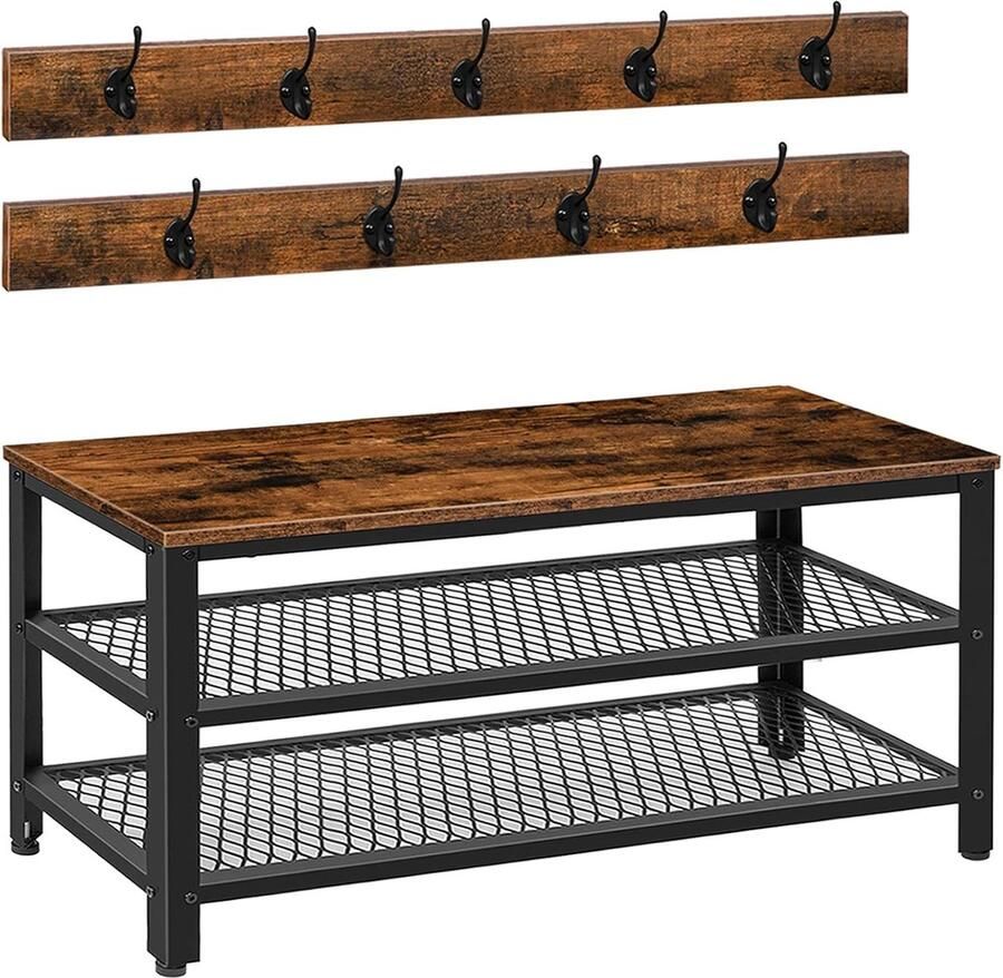 JGS Industrieel Garderobeset met Schoenenbank en Kapstok Ruimtebesparend voor Hal en Entree Donkerbruin-Zwart
