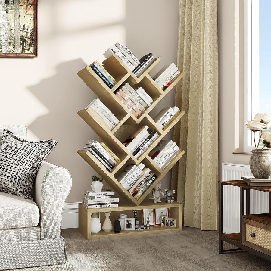 JGS Industriële Boekenkast met Boomstructuur en Houten Lade voor Woonkamer en Kantoor