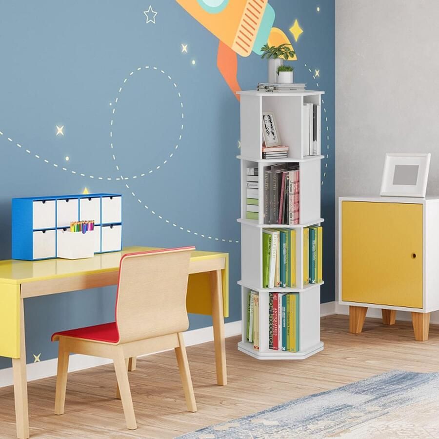 JGS 360° Draaibare Boekenkast 4 Lagen Draaibare Plank Kantoorplank Houten Draaiende Boekenkast Witte Staande Plank Zeshoekige Boekenkast Hoek Kinderboekenkast voor Woonkamer Slaapkamer Kantoor