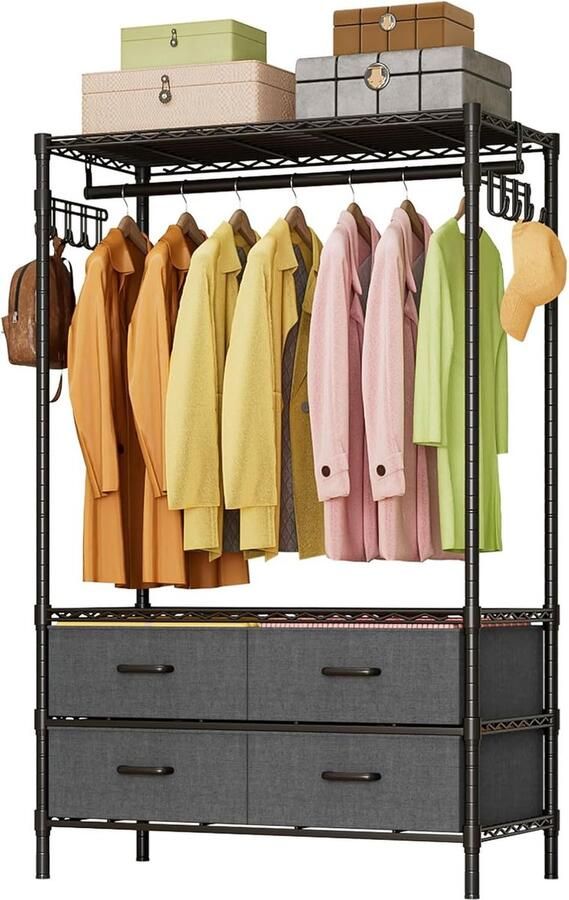 JGS Kledingrek met Stoffen Laden en Multifunctionele Opbergruimte Zwart 90 x 40 x 180 cm