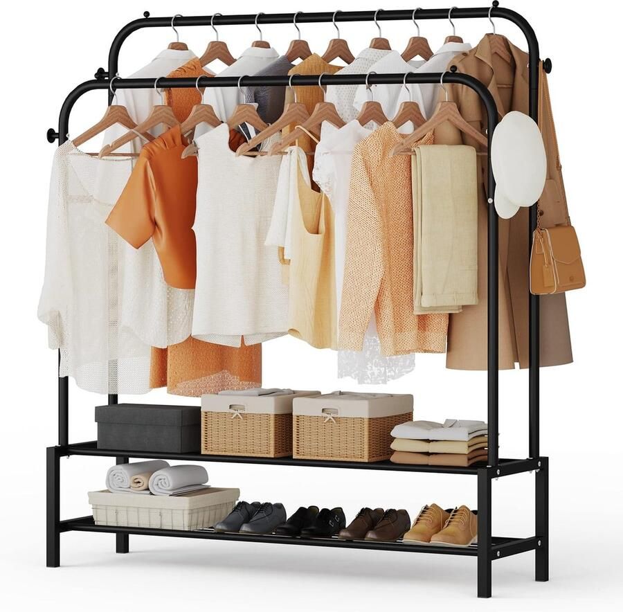 JGS Kledingrek op 2 kledingstangen ruimtebesparend wandrek multifunctionele kapstok van metaal met 2 planken en 4 haken woonkamer slaapkamer zwart