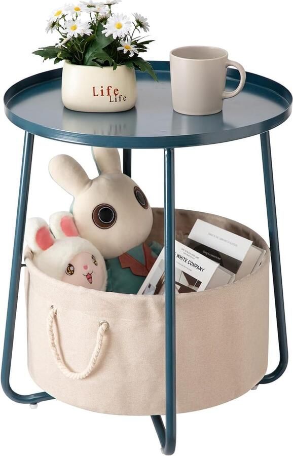JGS Kleine Ronde Bijzettafel met Stoffen Opbergmand voor Kamers