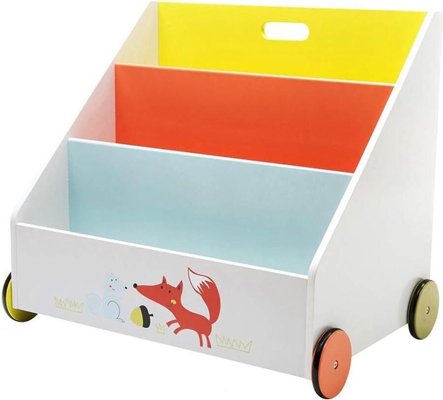 JGS Kinderboekenkast houten standaard met wielen oranje grenen 2-in-1 boekenkast voor kinderen van 1-5 jaar oud boekenrek voor kinderen kleine boekenplank kleine standaard houten boekenkast