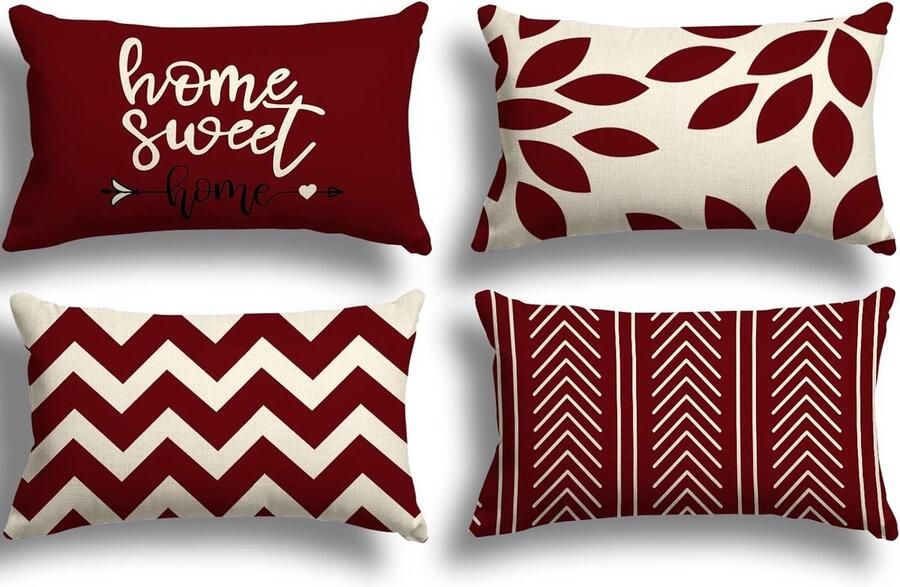 JGS Kussenhoes 30 x 50 cm set van 4 decoratieve buitenkussenhoezen linnen sierkussen voor slaapkamer bank stoel bed tuin (30 x 50 cm wijnrood)
