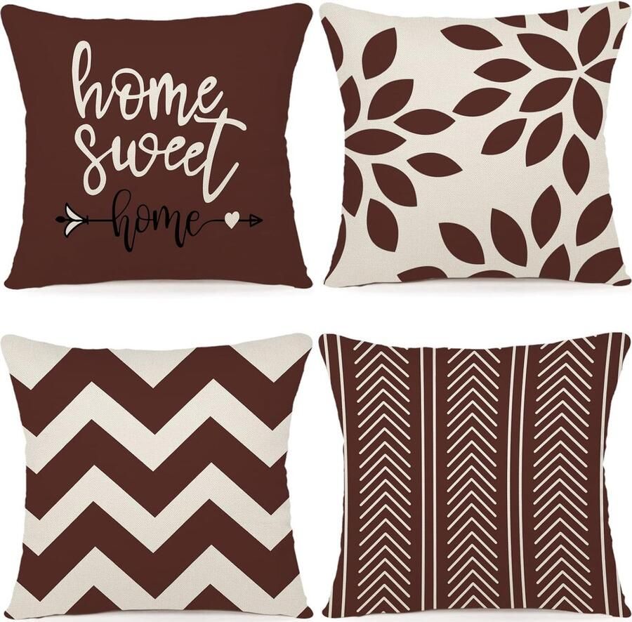 JGS Kussensloop 40 x 40 cm set van 4 sierkussens kussenhoezen decoratie outdoor kussenslopen linnen decoratief kussen voor slaapkamer bank stoel bed tuin 40 x 40 cm koffie