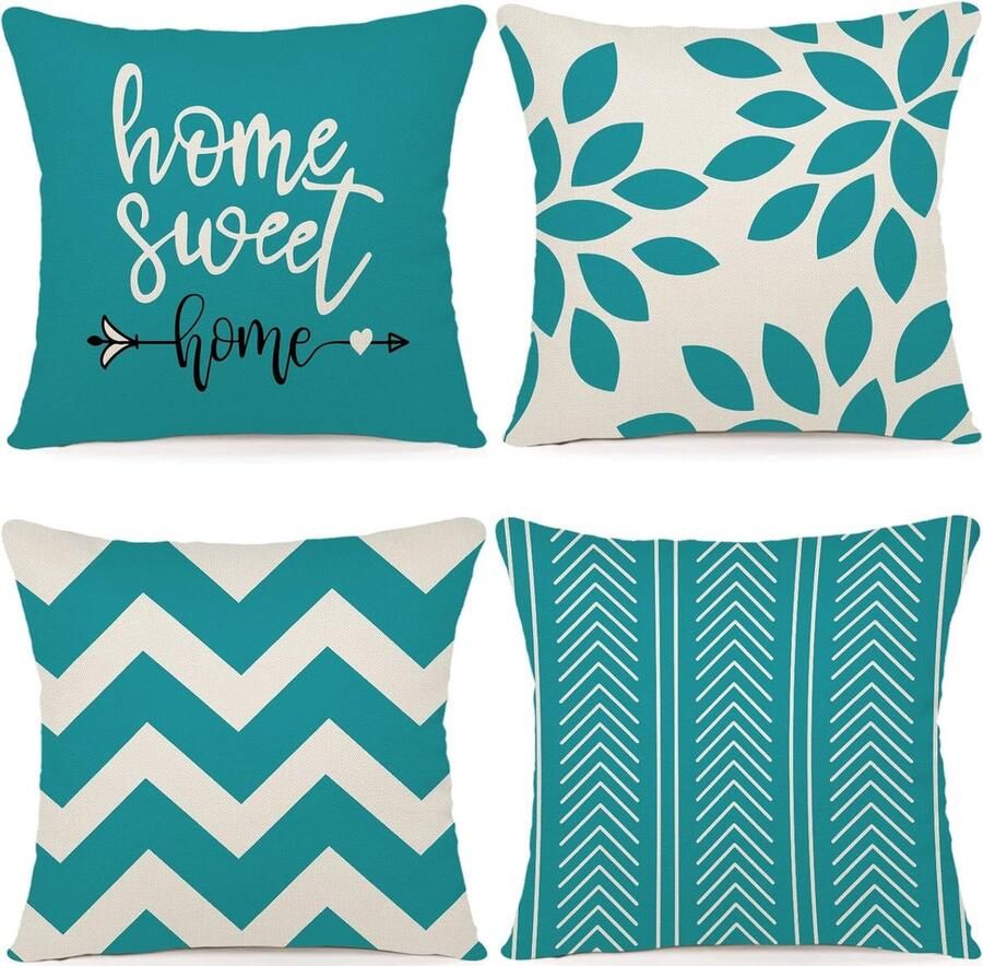 JGS Kussensloop 40 x 40 cm set van 4 sierkussens kussenslopen decoratie voor buiten linnen sierkussen voor slaapkamer bank stoel bed tuin (40 x 40 cm waterblauw)