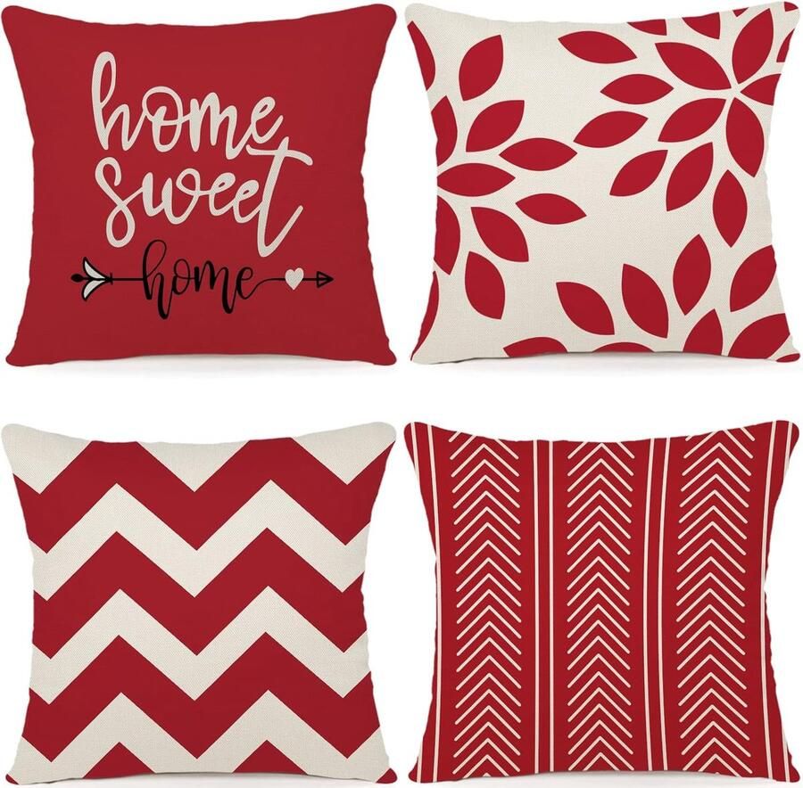 JGS Kussensloop 45 x 45 cm set van 4 sierkussens kussenhoezen decoratie outdoor kussenslopen linnen decoratief kussen voor slaapkamer bank stoel bed tuin (45 x 45 cm rood)