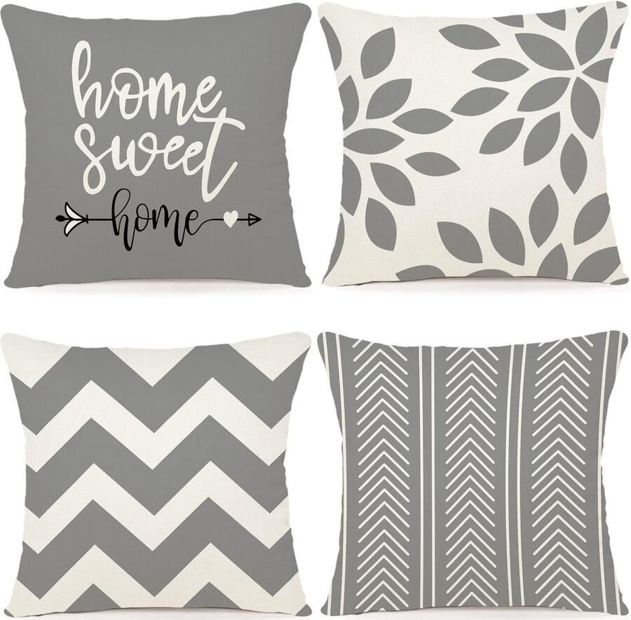 JGS Kussenhoes 40 x 40 cm set van 4 decoratieve kussenhoezen buitenkussenhoezen linnen sierkussen voor slaapkamer bank stoel bed tuin (40 x 40 cm grijs)