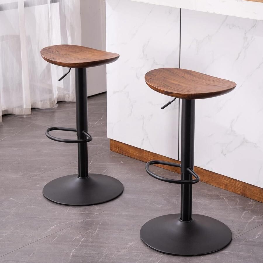 JGS -Barkrukken Set van 2 Zwarte Houten Zadel Barkrukken In Hoogte Verstelbare Draaibare Barkrukken Keukenstoelen Hoogte Barstoelen met Voetenbank voor Bar Keuken (Walnoot)