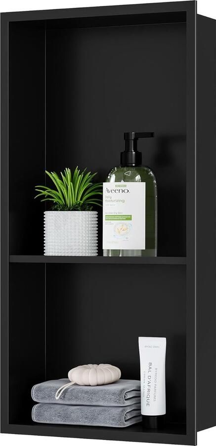 JGS Luxe Douche Wandnis van Roestvrij Staal Zwart 60x30 cm Perfect voor Badkameropslag