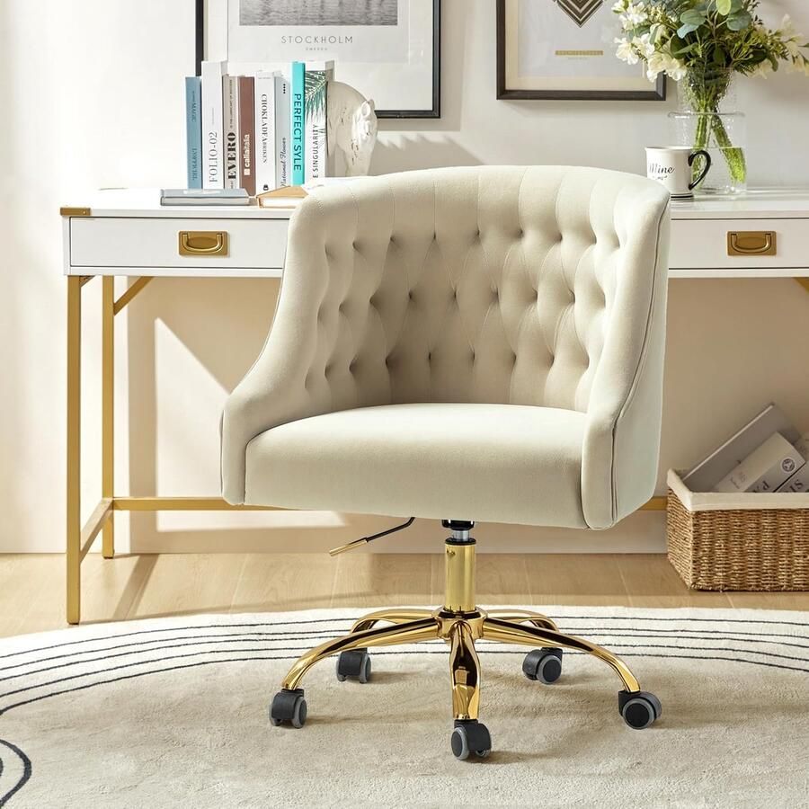 JGS Ergonomische Bureaustoel met Fluwelen Bekleding en Gouden Metalen Poten Verstelbare Hoogte