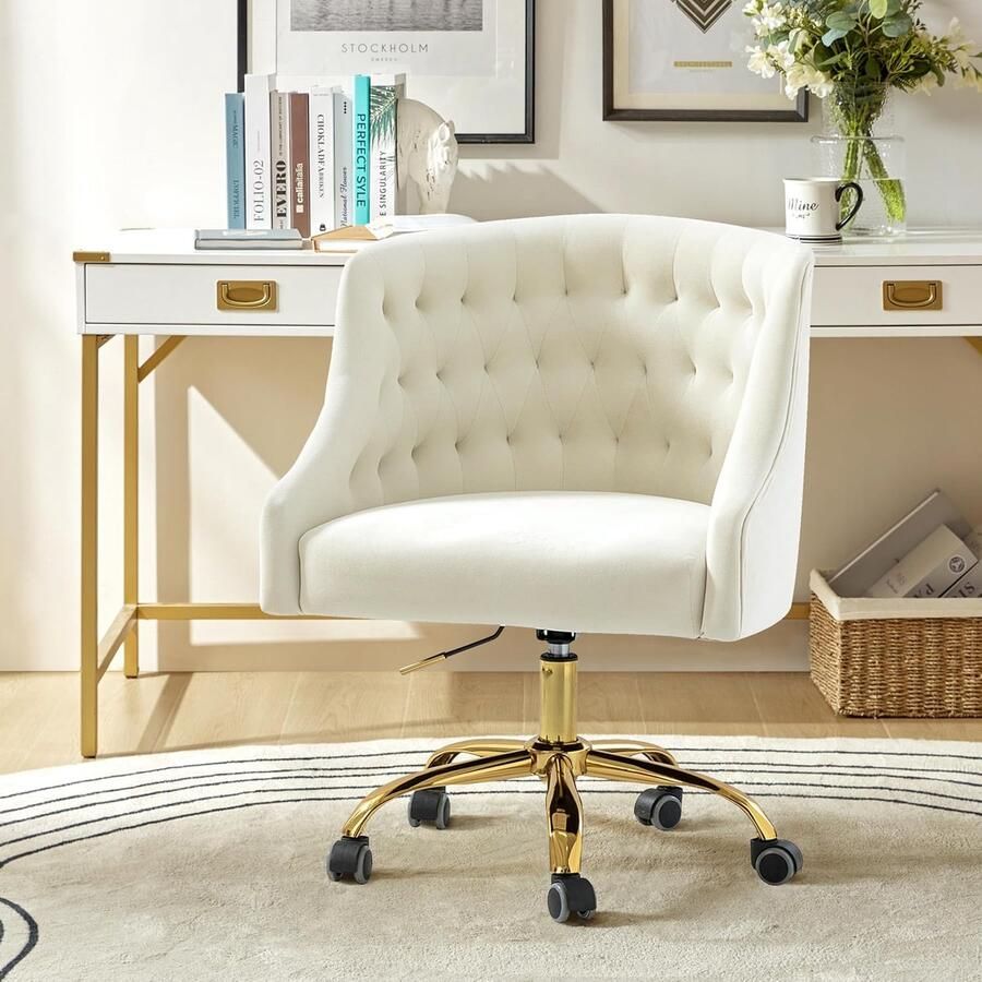 JGS Ergonomische bureaustoel fluwelen bureaustoel draaistoel met gouden metalen poten kaptafelstoel in hoogte verstelbaar voor woonkamer slaapkamer wit
