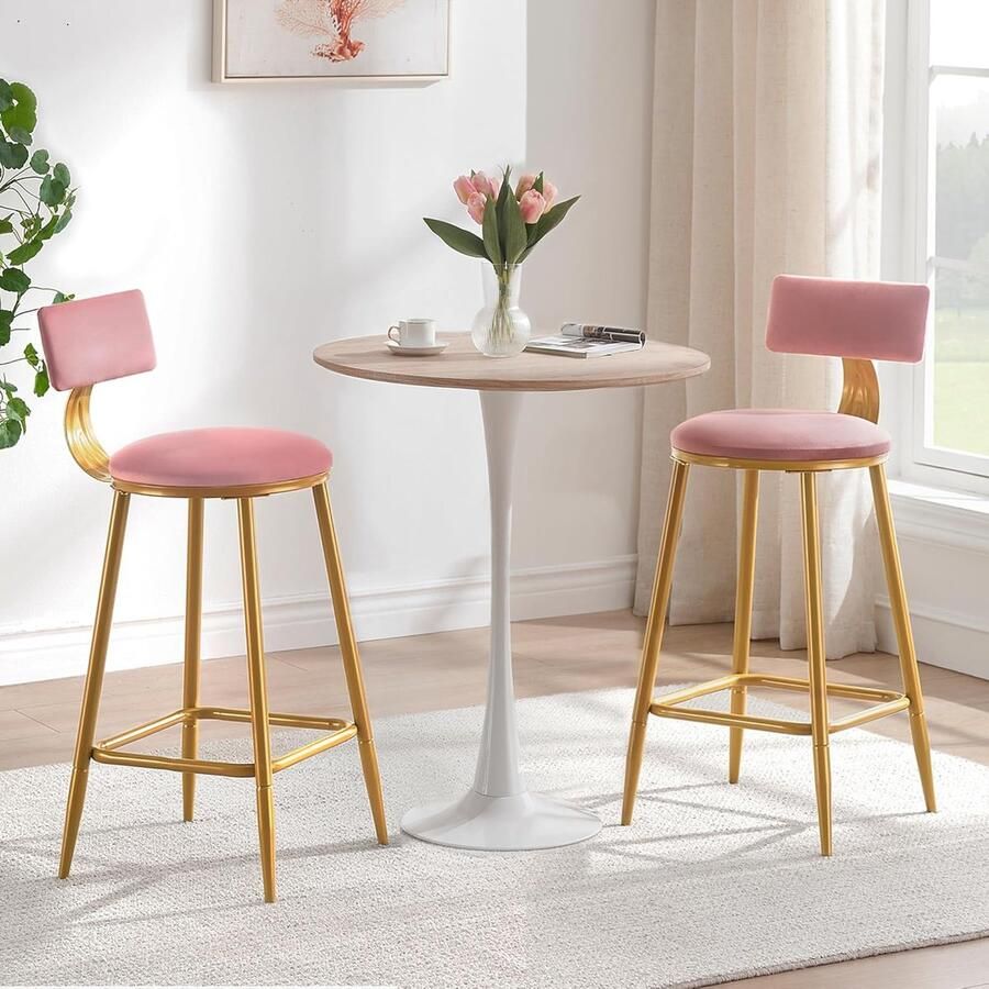 JGS Set van 2 barkrukken van fluweel roze barkrukken met rugleuning moderne ronde barkrukken en gouden metalen keukenhoogte voor bar pub café (24 of 29 inch)