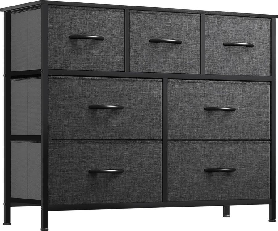 JGS Luxe Opbergkast met 7 stoffen laden Zwarte en grijze commode voor het organiseren van uw huis