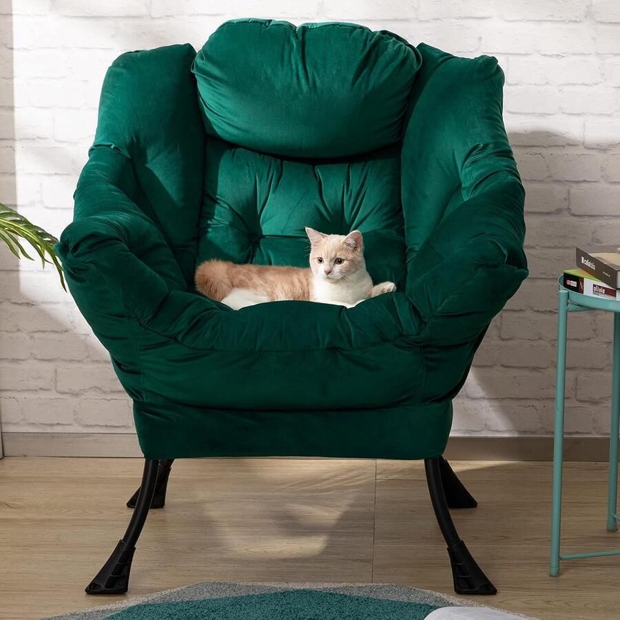 JGS Stoel met stalen frame relaxfauteuil vrijetijdsbank chaise longue luie stoel relaxfauteuil met armleuningen fluwelen stof groene kleur