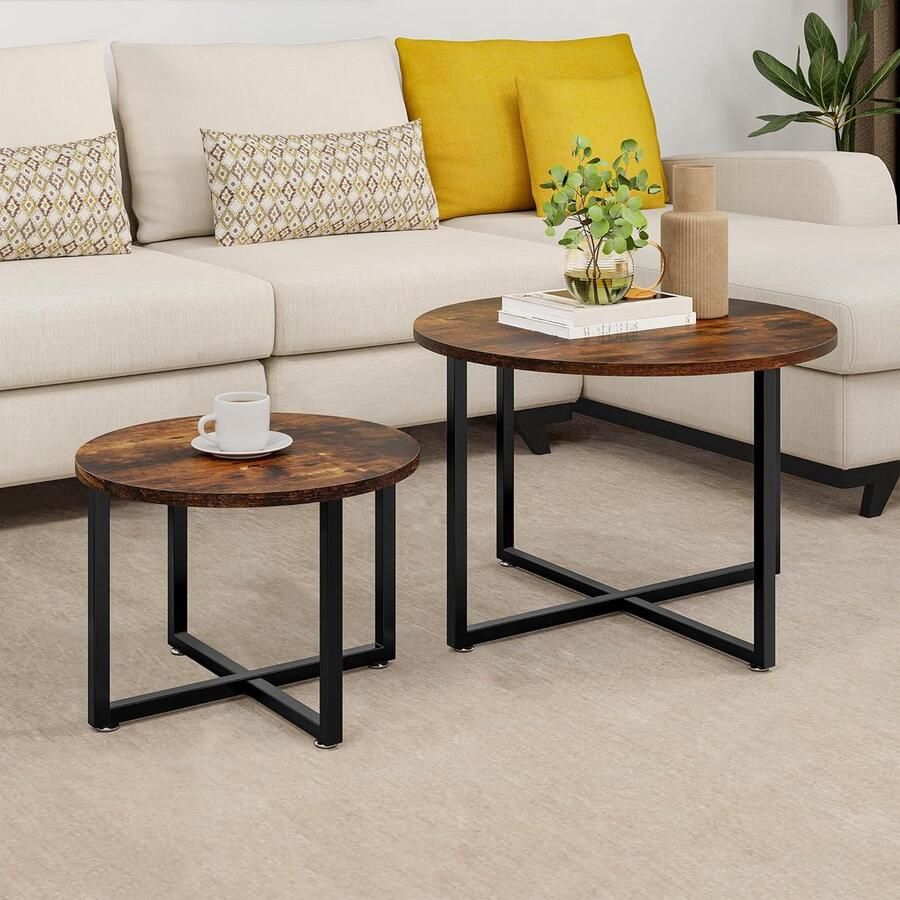 JGS Ronde salontafelset van 2 voor de woonkamer moderne ronde salontafel met zwart metalen frame salontafel cocktailtafels bijzettafel voor woonkamer slaapkamer vintage bruin