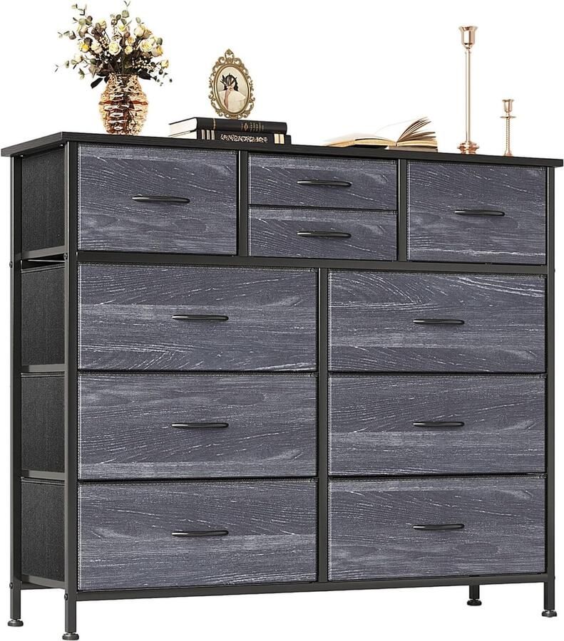 JGS Brede ladekast met 10 grote laden opbergkast van stoffen ladekast voor slaapkamer woonkamer kast entree stevig metalen frame 11 8 inch D x 39 4 inch B x 38 7 inch H zwart