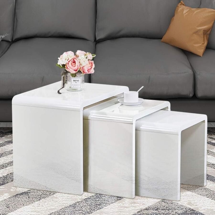 JGS Set van 3 Bijzettafels Rechthoekige Woonkamertafel Houten Salontafel Hoogglans Design Woonkamer Slaapkamer Wit