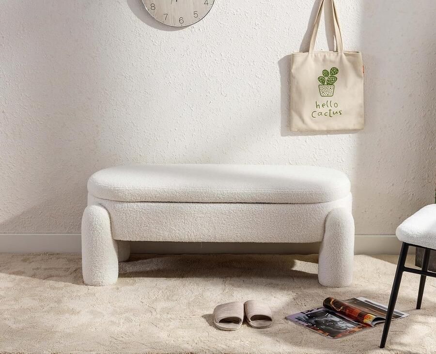 JGS Luxe Zitbank met Opbergruimte Teddy-Stof Zitkist Multifunctioneel Meubelstuk Wit