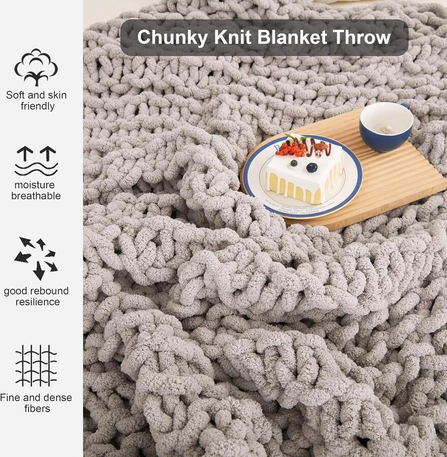 JGS Luxueuze Hand Gebreide Deken voor Bank en Bed Zacht en Warm Lichtgrijs 127 x 152 cm - Foto 2