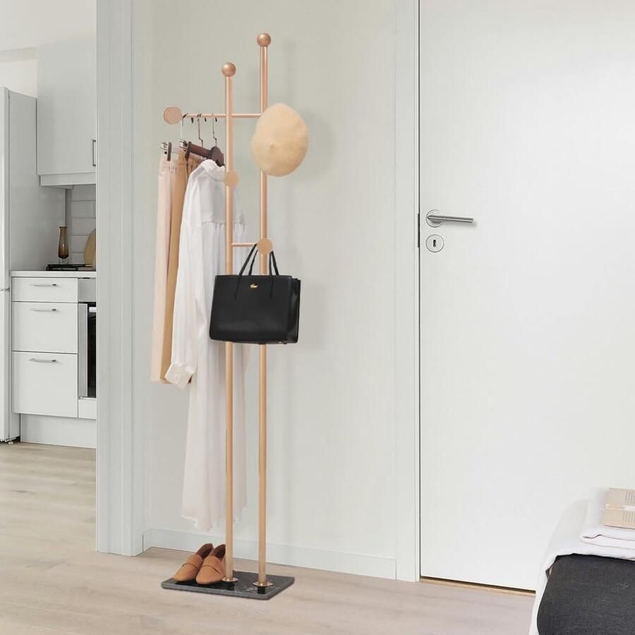 JGS Stijlvolle Vrijstaande Kledingstandaard met Marmeren Basis Zwarte Metalen Kapstok met 6 Haken