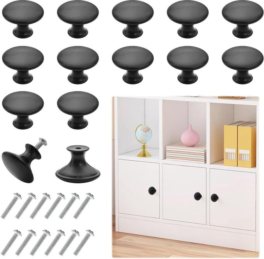 JGS Mat Zwarte Kastknoppen Set van 12 voor Keukens Badkamers en Meubels