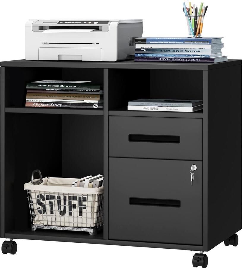 JGS Metalen Rolcontainer: Mobiele Opslagkast met 2 Afsluitbare Laden en 3 Open Vakken Ideaal voor Kantoor- en Thuiswerk Zwart 80x50x71 cm