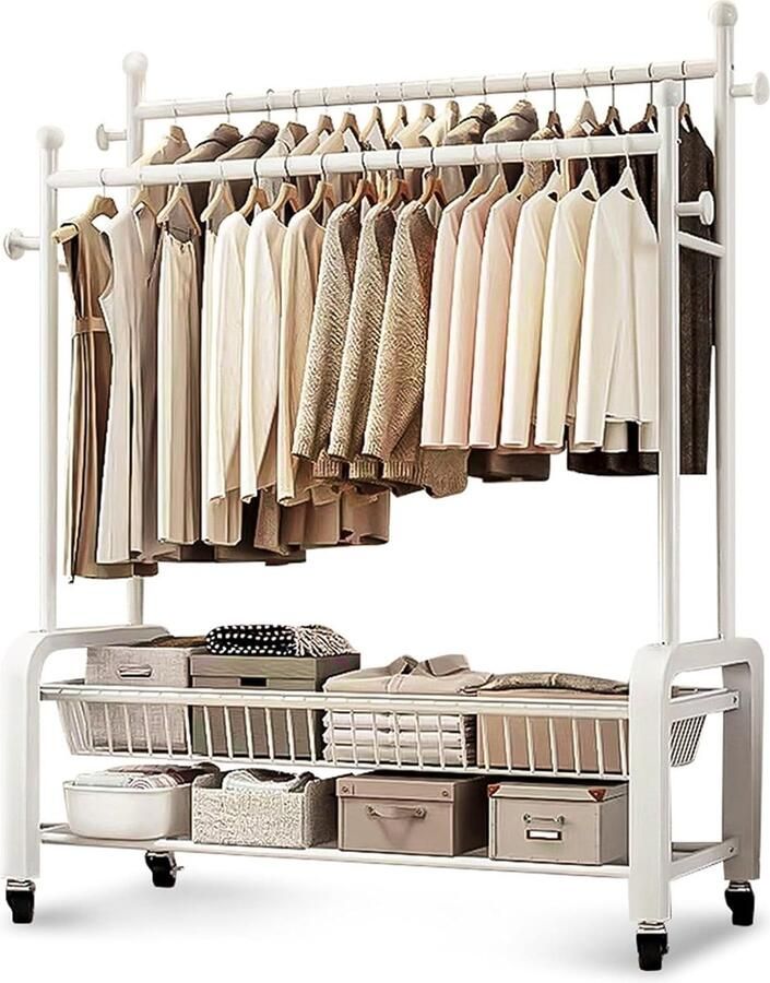 JGS Kledingrek op Wielen Kledingrekrollen Stabiel Kledingrek met Wielen met Dubbele Laag Opslag met Twee Kledingrekken (Wit)