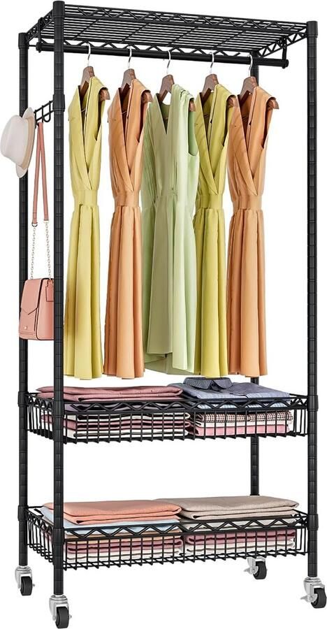 JGS Mobiele Kledingrek met Wielen en Twee Kledingmanden In Hoogte Verstelbaar Metalen Frame 75 x 34 x 184 cm voor Slaapkamer en Woonkamer
