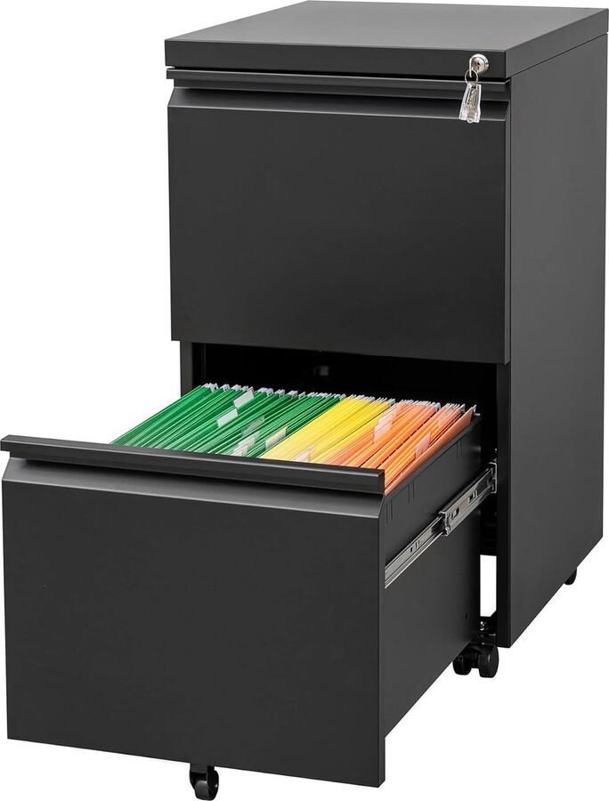 JGS Mobiele metalen dossierkast met 2 laden en slot perfect voor thuiskantoor voor A4 recht en brief formaat Volledig gemonteerd en in klassiek zwart