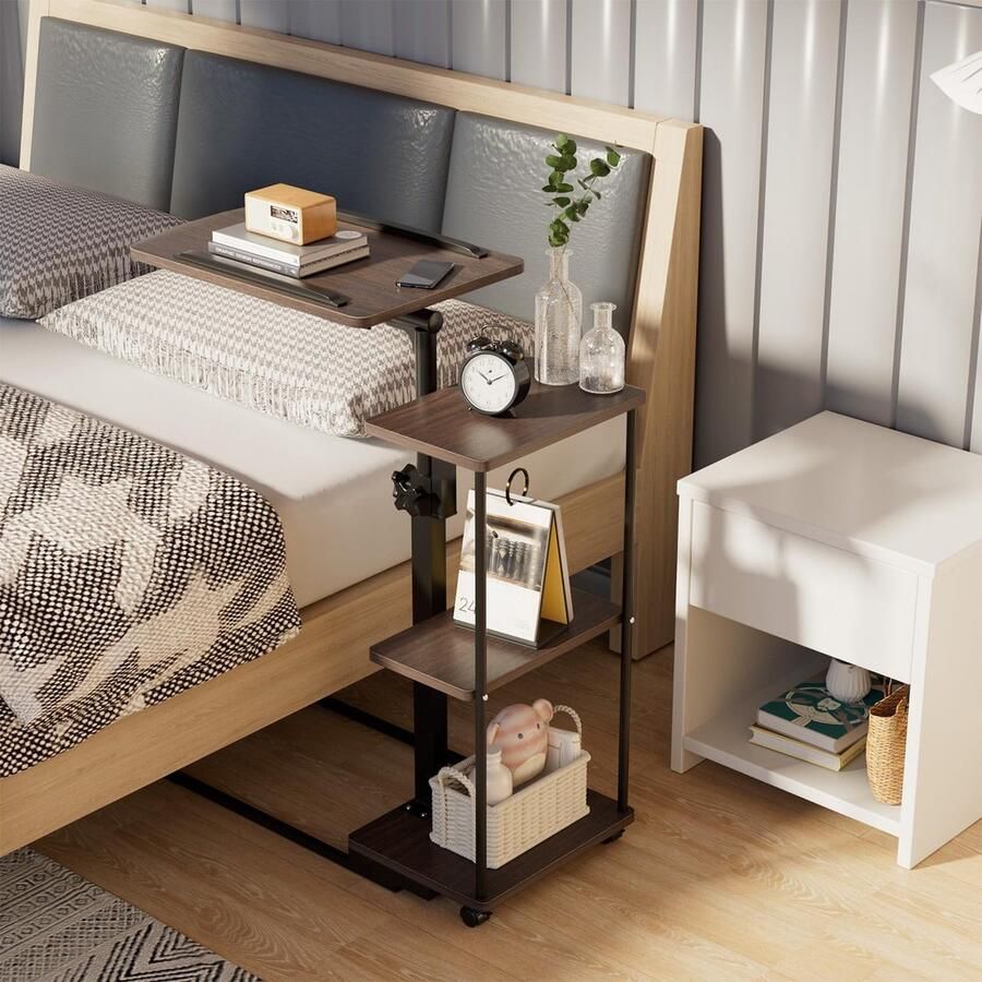 JGS Bijzettafel met wielen in hoogte verstelbaar houten bureau mobiele laptopstandaard met 3-laags opbergplank bedtafel salontafel roltafel voor studeerkamer slaapkamer woonkamer