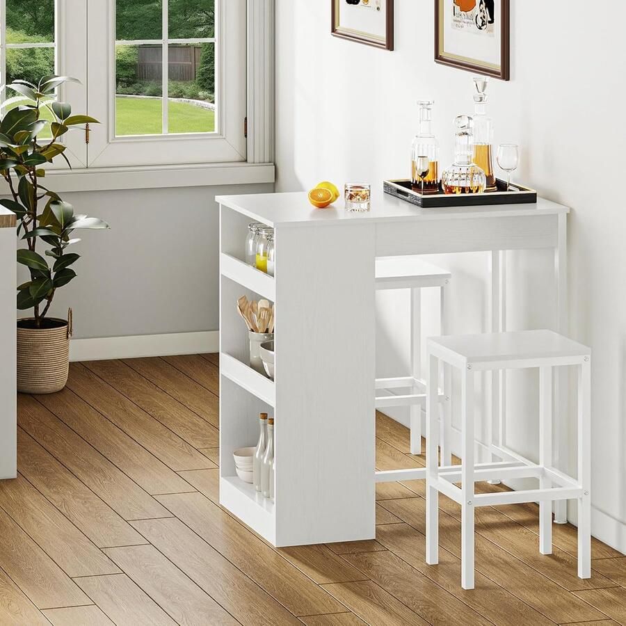 JGS Bartafelset 3-delig eettafel met 2 krukken 3 planken houten bartafel barkruk met metalen frame eetset voor 2 personen ontbijttafel en meubelsets voor thuis keuken